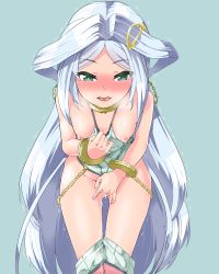 Rule 34 | 1girl, blush, breasts, collar, fingering, green eyes, leaning forward, long hair, looking at viewer, open mouth, pussy juice, silver hair, simple background, solo, standing, upper body, very long hair, waruiihto