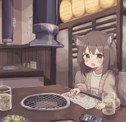 Rule 34 | 1girl, animal ear fluff, animal ears, arm rest, beer mug, blush, booth seating, brown cardigan, brown eyes, brown hair, cardigan, cat ears, cat girl, cellphone, colon br, cup, fang, grill, highres, indoors, kitchen hood, lantern, long sleeves, medium hair, menu, mug, open cardigan, open clothes, open mouth, original, paper lantern, phone, print shirt, rectangular mouth, restaurant, shirt, sidelocks, skin fang, smartphone, solo, table, upper body, white shirt, wooden table