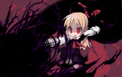 Rule 34 | 1girl, black dress, blonde hair, darkness, dress, embodiment of scarlet devil, ex-rumia, fang, female focus, long hair, neck ribbon, outstretched arms, pointy ears, red eyes, ribbon, rumia, solo, spread arms, touhou, wamtail