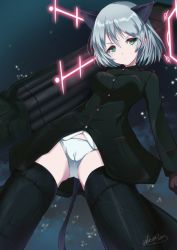 Rule 34 | 1girl, alternate costume, angry, animal ears, bad id, bad twitter id, black jacket, cat ears, closed mouth, commentary, crotch seam, flying, frown, green eyes, head tilt, hirschgeweih antennas, holding, holding weapon, jacket, long sleeves, looking at viewer, military, military uniform, momendoufu, night, night sky, no legwear, no pants, panties, pocket, rocket launcher, sanya v. litvyak, serious, shirt, short hair, silver hair, sky, solo, star (sky), starry sky, strike witches, striker unit, twitter username, underwear, uniform, v-shaped eyebrows, weapon, white panties, white shirt, world witches series