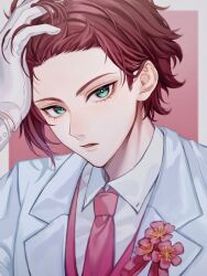 Rule 34 | 1boy, absurdres, arm up, blazer, blue lock, border, flower, formal, gloves, green eyes, grey border, hand in own hair, highres, itoshi sae, jacket, kyul gnsn, lapels, long sleeves, looking at viewer, male focus, necktie, parted lips, pink flower, pink hair, pink necktie, short hair, solo, upper body, white gloves, white jacket