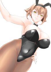 Rule 34 | 1girl, animal ears, black leotard, bow, bowtie, breasts, brown hair, brown pantyhose, covered navel, detached collar, fake animal ears, green eyes, highleg, highleg leotard, highres, kantai collection, kiriki haruomi, large breasts, leotard, mutsu (kancolle), pantyhose, playboy bunny, rabbit ears, short hair, simple background, solo, strapless, strapless leotard, traditional bowtie, white background, wrist cuffs