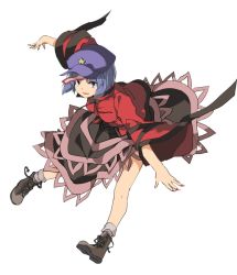 Rule 34 | 1girl, bad id, bad twitter id, beret, black skirt, blue eyes, blue hair, boots, brown footwear, cross-laced footwear, full body, hasebe yuusaku, hat, jiangshi, lace-up boots, long sleeves, looking at viewer, miyako yoshika, ofuda, outstretched arms, red shirt, shirt, short hair, skirt, smile, solo, spread arms, star (symbol), touhou, wide sleeves, zombie pose