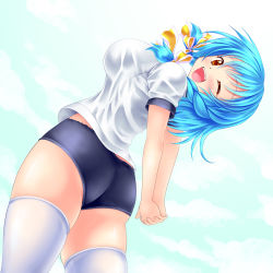 Rule 34 | 1girl, :d, ass, blue hair, bow, braid, breasts, buruma, gym uniform, hair bow, highres, kogarashi (wind of winter), large breasts, leaning back, looking at viewer, one eye closed, open mouth, original, own hands clasped, own hands together, shirt, simple background, smile, solo, t-shirt, teeth, thighhighs, thighs, white background, white thighhighs, wink, yellow eyes