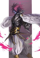 Rule 34 | 1boy, alien, armor, bad id, bad pixiv id, blue skin, cape, colored skin, fangs, lord boros, male focus, one-punch man, pink hair, pointy ears, smile, solo, spiked hair, tanmatsu, white cape