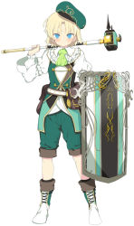 Rule 34 | 1girl, blonde hair, boots, carrying over shoulder, full body, grimms notes, hammer, hat, long sleeves, looking at viewer, official art, serious, shield, short hair, shorts, simple background, solo, white background, yaegashi nan