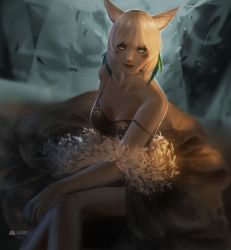 Rule 34 | 1girl, absurdres, animal ears, black dress, breasts, cat ears, dress, facial mark, feather boa, feather hair ornament, feathers, final fantasy, final fantasy xiv, grey eyes, hair ornament, highres, llen chabbie, looking at viewer, medium breasts, miqo&#039;te, neck tattoo, short hair, sitting, solo, square enix, strap slip, tattoo, watermark, whisker markings, white hair, y&#039;shtola rhul