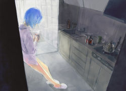 Rule 34 | 00s, 1girl, ayanami rei, bad id, bad pixiv id, blouse, blue hair, cup, dress shirt, evangelion: 2.0 you can (not) advance, indoors, kitchen, kitchen hood, legs, neon genesis evangelion, no pants, noco (adamas), rebuild of evangelion, shirt, slippers, solo, standing, steam, takenoko (pixiv417796), white shirt