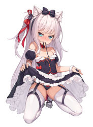 Rule 34 | 1girl, 3:, absurdres, animal ears, azur lane, bare shoulders, black panties, blue eyes, blush, bow, bow panties, breasts, cat ears, choker, cleavage, clothes lift, detached sleeves, dress, full body, garter straps, gluteal fold, hair bow, hair ribbon, hammann (azur lane), highres, lifting own clothes, looking at viewer, mokew, mouth hold, panties, pinky out, puffy short sleeves, puffy sleeves, ribbon, ribbon choker, ribbon in mouth, short sleeves, side-tie panties, silver hair, simple background, single sidelock, skirt, skirt lift, small breasts, solo, squatting, strapless, strapless dress, teardrop, thighhighs, two side up, underwear, white background, white thighhighs, wrist cuffs