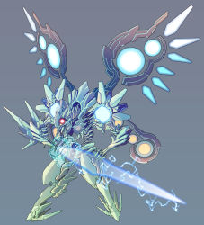 Rule 34 | electricity, energy sword, full body, glowing, grey background, holding, holding sword, holding weapon, key-chang, mecha, no humans, original, robot, simple background, standing, sword, tagme, thunder force, thunder force v, weapon, wings