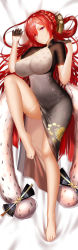 Rule 34 | 1girl, absurdres, alternate costume, an yasuri, arm up, azur lane, bad id, bad pixiv id, bare legs, barefoot, black dress, black gloves, blush, bracelet, braid, breasts, china dress, chinese clothes, covered erect nipples, covered navel, crown braid, dress, earrings, feather boa, full body, gloves, gold trim, hair between eyes, hair bun, hair ornament, half gloves, hands up, highres, impossible clothes, impossible dress, indoors, jewelry, knee up, large breasts, long hair, looking at viewer, lying, monarch (azur lane), on back, parted lips, red hair, revision, sidelocks, single hair bun, solo, taut clothes, taut dress, thigh strap, thighs, very long hair