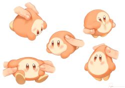 Rule 34 | blush, cheek press, cheek squash, creature, fingernails, kirby (series), looking at viewer, lying, multiple views, nintendo, on stomach, out of frame, picking up, pinching, poking, ryota (ry o ta), signature, simple background, sitting, waddle dee, white background