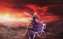 Rule 34 | 1girl, armor, artoria pendragon (all), artoria pendragon (fate), battle, battlefield, blonde hair, fate/stay night, fate (series), female focus, from behind, hair bun, highres, outdoors, red sky, saber (fate), single hair bun, sky, solo, standing, sword, ushas, weapon