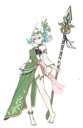 Rule 34 | 1girl, anklet, antenna hair, closed mouth, concept art, detached sleeves, expressionless, full body, green skirt, hair branch, highres, holding, holding clothes, holding skirt, jewelry, lily everhart, official art, palworld, purple eyes, short hair, single bare shoulder, skirt, solo, thighlet, tiptoes, white hair