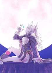 Rule 34 | 1girl, alternate costume, animal hands, candy, fang, fire emblem, fire emblem awakening, fire emblem heroes, food, from side, full moon, fur trim, gloves, grima (fire emblem), halloween, halloween costume, jacket, moon, night, nintendo, paw gloves, paw shoes, red eyes, robin (female) (fire emblem), robin (fire emblem), shoes, short shorts, shorts, silver hair, sitting, solo, t misaomaru, thigh strap, twintails