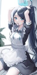 Rule 34 | 1girl, absurdres, adjusting hair, apron, aris (blue archive), aris (maid) (blue archive), black hair, blue archive, blue eyes, blush, commentary request, halo, highres, long hair, looking at viewer, maid, maid apron, miruku pan, mouth hold, official alternate costume, pantyhose, ponytail, short sleeves, sitting, solo, white pantyhose