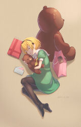Rule 34 | 1girl, absurdres, bag, black hairband, black pantyhose, blonde hair, box, brown background, commentary request, dress, envelope, from above, full body, gift, gift box, green dress, hairband, highres, higurashi no naku koro ni, holding, holding stuffed toy, houjou satoko, large teddy bear, lying, neckerchief, nerune j, no shoes, hugging object, on side, pantyhose, sailor collar, sailor dress, shopping bag, short hair, simple background, sleeping, solo, stuffed animal, stuffed toy, teddy bear, white sailor collar, yellow neckerchief