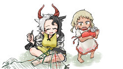 Rule 34 | 2girls, absurdres, animal ears, animal print, barefoot, black hair, blonde hair, breasts, chamaji, closed eyes, commentary request, cow ears, cow girl, cow horns, cow print, dress, earlobes, ebisu eika, frilled shirt, frilled shorts, frills, haori, highres, holding, horns, japanese clothes, long earlobes, multicolored hair, multiple girls, net, pants, puffy short sleeves, puffy sleeves, red horns, shirt, short sleeves, shorts, sitting, smile, split-color hair, statue, sweatdrop, touhou, two-tone hair, ushizaki urumi, white background, white hair, yellow pants, yellow shorts