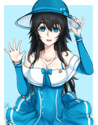 Rule 34 | 1girl, absurdres, alternate hair length, alternate hairstyle, artist name, bare shoulders, black hair, blue background, blue bow, blue dress, blue eyes, blue hat, bow, breasts, cleavage, collarbone, commentary, dress, eyebrows hidden by hair, hair between eyes, hat, highres, long hair, looking at viewer, medium breasts, open mouth, shiina mayuri, simple background, smile, solo, steins;gate, unique (pixiv12704744), white background