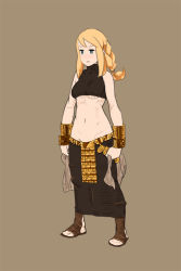 Rule 34 | 1girl, agrias oaks, blonde hair, braid, breasts, brown background, fgz, final fantasy, final fantasy tactics, full body, groin, long hair, simple background, socks, solo, standing, underboob