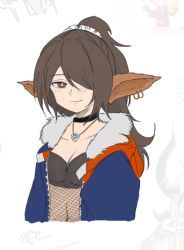 Rule 34 | 1girl, adapted costume, alternate hairstyle, animal ears, arknights, black choker, blue jacket, breasts, brown eyes, brown hair, choker, cleavage, collarbone, dokonjou (odossan), ear piercing, fishnet top, fishnets, fox ears, fox girl, fur-trimmed jacket, fur trim, hair over one eye, jacket, jewelry, long hair, looking at viewer, necklace, open clothes, open jacket, perfumer (arknights), piercing, ponytail, simple background, small breasts, smile, solo, white background