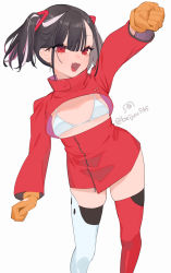 Rule 34 | 1girl, arm up, asymmetrical legwear, beijuu, beni-chan (beijuu), bikini, black hair, fang, feet out of frame, gloves, highres, long sleeves, looking at viewer, mismatched legwear, multicolored hair, open mouth, original, red eyes, red thighhighs, simple background, skin fang, solo, standing, streaked hair, swimsuit, thighhighs, white background, white bikini, white hair, white thighhighs, yellow gloves