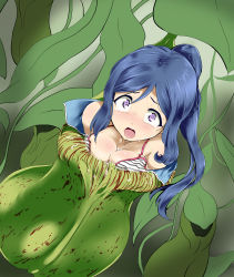 Rule 34 | 10s, 1girl, absurdres, bare shoulders, blue hair, blush, bra, breast press, breasts, byoin, carnivorous plant, cleavage, crying, highres, long hair, looking at viewer, love live!, love live! sunshine!!, matsuura kanan, open mouth, parted bangs, pitcher plant, plant, ponytail, purple eyes, scared, spaghetti strap, tears, underwear, vore
