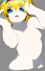 Rule 34 | 1girl, absurdres, alice margatroid, blonde hair, blue eyes, breasts, colored skin, completely nude, cropped torso, grey background, hairband, hands on own face, highres, looking at viewer, multicolored hair, niwarhythm, no nipples, nude, open mouth, red hairband, simple background, small breasts, solo, streaked hair, touhou, upper body, white skin