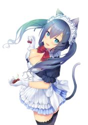 Rule 34 | 1girl, :d, aimori meguru, animal ears, apron, black thighhighs, blue eyes, blue hair, blue skirt, blush, bow, bowtie, breasts, cat ears, cat tail, cherry, cleavage, cleavage cutout, clothing cutout, colored eyelashes, food, frilled apron, frills, from side, fruit, gloves, highres, holding, holding food, holding fruit, lace, lace-trimmed legwear, lace trim, large breasts, long hair, looking at viewer, looking to the side, maid headdress, neck garter, open mouth, original, puffy short sleeves, puffy sleeves, red bow, red bowtie, short sleeves, simple background, skirt, smile, solo, standing, tail, thighhighs, twintails, waist apron, white apron, white background, white bow, white gloves, zettai ryouiki