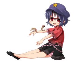 Rule 34 | 1girl, animal on arm, beret, bird, bird on arm, blue hair, harusame (unmei no ikasumi), hat, highres, jiangshi, miyako yoshika, ofuda, open mouth, outstretched arms, red eyes, shirt, short hair, simple background, sitting, skirt, smile, solo, sparrow, touhou, white background, zombie pose