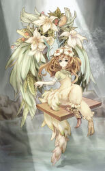 Rule 34 | 48725, branch, brown hair, closed mouth, commentary request, elbow gloves, elle (lom), expressionless, feathers, flat chest, flower, gloves, green eyes, green vest, harpy, head wreath, leaf, legend of mana, light rays, long hair, looking at viewer, monster girl, mushroom, rock, seiken densetsu, sitting, sunbeam, sunlight, talons, vest, water, white gloves