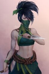 Rule 34 | 1girl, absurdres, akali, arm tattoo, artelsia, artist name, bare arms, black hair, breasts, cowboy shot, gradient background, green mask, hair between eyes, highres, holding, holding weapon, league of legends, long hair, mask, medium breasts, midriff, mouth mask, navel, ponytail, red eyes, rope, simple background, solo, standing, stomach, tattoo, weapon