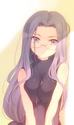 Rule 34 | 1girl, breasts, breasts squeezed together, fate/stay night, fate (series), frown, glasses, komi zumiko, long hair, low-tied long hair, medusa (fate), medusa (rider) (fate), purple eyes, purple hair, solo, square pupils
