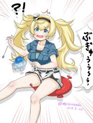 Rule 34 | !?, 1girl, 1other, abyssal ship, black hairband, blonde hair, blue eyes, blue shirt, breasts, casual, collared shirt, commentary request, dated, emphasis lines, enemy lifebuoy (kancolle), food, gambier bay (kancolle), hairband, kantai collection, large breasts, long hair, masara (chuujou), multicolored clothes, one-hour drawing challenge, open mouth, shaved ice, shirt, shorts, simple background, sitting, spoon, surprised, twintails, twitter username, white background