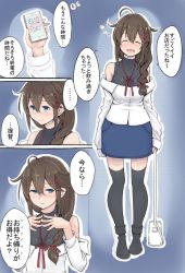 Rule 34 | 1girl, ahoge, black thighhighs, blue background, blue eyes, blush, braid, breasts, brown hair, cellphone, closed eyes, denim, denim skirt, drunk, full body, hair flaps, hair ornament, hair over shoulder, highres, holding, holding phone, kantai collection, long hair, long sleeves, multiple views, myht, off shoulder, open mouth, outline, phone, remodel (kantai collection), ribbon, shigure (kancolle), shirt, simple background, single braid, skirt, sleeveless, sleeveless shirt, smartphone, speech bubble, standing, thighhighs, translation request, white outline