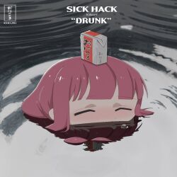 Rule 34 | 1girl, album, album art, album cover, album cover redraw, alcohol, alcohol carton, blush, bocchi the rock!, braid, bubble, closed eyes, cover, derivative work, drunk (thundercat), highres, hiroi kikuri, mouth under water, parody, partially submerged, purple hair, reflection, reflective water, ripples, solo, sweat, thundercat (musician), upper body, water
