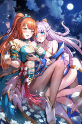 Rule 34 | 2girls, :o, bare shoulders, blue eyes, blush, boots, bow, braid, breasts, brown bow, brown eyes, brown hair, brown legwear, choko (cup), cleavage, cloud, cloudy sky, collarbone, commentary request, copyright request, crop top, cup, detached sleeves, dress, female focus, field, floating hair, flower, flower field, full moon, grabbing, grabbing another&#039;s breast, green skirt, hair bow, high ponytail, himonoata, holding, holding cup, light purple hair, long hair, long sleeves, looking at another, looking at viewer, medium breasts, moon, multiple girls, night, night sky, official art, open mouth, outdoors, pantyhose, ponytail, skirt, sky, strapless, strapless dress, tokkuri, very long hair, white dress, white flower, white footwear, white sleeves, wide sleeves, yuri