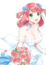 Rule 34 | 1girl, bouquet, breasts, choker, cleavage, collarbone, covered navel, dress, flower, green eyes, large breasts, open mouth, original, pink flower, pink hair, pink rose, rose, smile, solo, strapless, strapless dress, two side up, wedding dress, white dress, yukino (yukinosora1126)