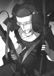 Rule 34 | 1boy, cigarette, cowboy shot, crossdressing, cube, dress, dual wielding, finger on trigger, greyscale, grin, gun, habit, hands up, highres, holding, holding gun, holding weapon, jewelry, kzmsnmjkk, long sleeves, looking ahead, male focus, monochrome, mouth hold, necklace, nun, pendant, short hair, smile, solo, suwa koutarou, traditional nun, turtleneck, veil, weapon, world trigger