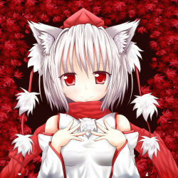 Rule 34 | 1girl, animal ears, bare shoulders, detached sleeves, female focus, hands on own chest, hat, inubashiri momiji, leaf, looking at viewer, maple leaf, oohirakeisuke, red eyes, scarf, short hair, silver hair, smile, solo, tokin hat, touhou, upper body, wolf ears