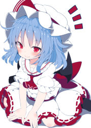 Rule 34 | 1girl, ascot, bad id, bad pixiv id, bat wings, beni shake, black footwear, black wings, blue hair, blush, bow, closed mouth, commentary request, fang, fang out, hat, hat bow, long hair, looking at viewer, mob cap, notice lines, puffy short sleeves, puffy sleeves, red ascot, red bow, red eyes, remilia scarlet, ribbon-trimmed skirt, ribbon trim, shadow, shirt, short sleeves, skirt, smile, socks, solo, touhou, tsurime, white background, white hat, white shirt, white skirt, wings