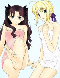Rule 34 | 00s, 2girls, absurdres, ahoge, arm support, artoria pendragon (all), artoria pendragon (fate), bare shoulders, barefoot, black hair, blonde hair, blue eyes, blush, censored, convenient censoring, convenient leg, embarrassed, fate/stay night, fate (series), feet, flat chest, foreshortening, green eyes, hair bun, hair ribbon, highres, leg up, long hair, looking at viewer, multiple girls, naked towel, official art, open mouth, parted bangs, ribbon, saber (fate), short hair, simple background, single hair bun, sitting, smile, soles, takeuchi takashi, tohsaka rin, towel, twintails, type-moon, vector trace, wavy hair