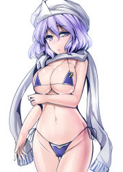 Rule 34 | 1girl, adapted costume, bikini, blush, breast hold, breasts, cleavage, commentary request, cowboy shot, hat, highleg, highleg bikini, highres, large breasts, letty whiterock, light purple hair, looking at viewer, micro bikini, mob cap, navel, nose blush, purple eyes, scarf, short hair, side-tie bikini bottom, simple background, solo, stomach, swimsuit, thigh gap, touhou, underboob, white background, white scarf, y2