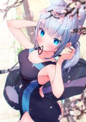 Rule 34 | 1girl, animal ear fluff, animal ears, ass, bag, black one-piece swimsuit, blue archive, blue eyes, breasts, cherry blossoms, competition swimsuit, covered navel, cowboy shot, cross hair ornament, extra ears, grey hair, hair ornament, halo, highres, looking at viewer, looking back, low ponytail, medium breasts, medium hair, mismatched pupils, mouth hold, multicolored clothes, multicolored swimsuit, nekoponchiar, official alternate costume, one-piece swimsuit, rubber band, shiroko (blue archive), shiroko (swimsuit) (blue archive), solo, swimsuit, wolf ears
