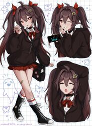 Rule 34 | 1girl, :p, alternate costume, bag, bandaid, bandaid on leg, black nails, boo tao (genshin impact), bow, bowtie, brown hair, commentary, fang, genshin impact, hair between eyes, high heel sneakers, highres, holding, holding phone, hu tao (genshin impact), long hair, multiple pov, phone, pov, red bow, red bowtie, red ribbon, red skirt, ribbon, school uniform, shoulder bag, skirt, smile, tongue, tongue out, twintails, very long hair, vickie (cryingrobot), yawning