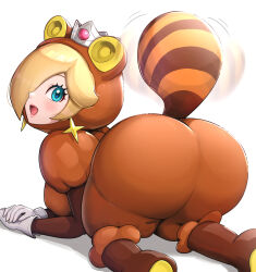 Rule 34 | 1girl, :d, absurdres, all fours, animal ears, ass, blonde hair, blue eyes, boots, breasts, brown footwear, crown, earrings, feet out of frame, from behind, gloves, gonzarez, hair over one eye, highres, jewelry, lips, mario (series), medium breasts, nintendo, open mouth, raccoon ears, raccoon tail, rosalina, simple background, smile, solo, star (symbol), star earrings, super leaf, super leaf (transformation), super mario 3d world, tail, tanuki, tanuki rosalina, white background, white gloves