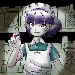 Rule 34 | 1girl, apron, blue hair, bottle, container, drugs, futaba channel, holding, indoors, looking at viewer, lowres, maid apron, maid headdress, nijiura maids, pill, shelf, short hair, skull and crossbones, smile, solo, yakui