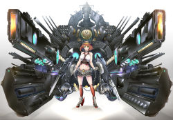 Rule 34 | &gt;:), 10s, 1girl, big.g, brown hair, full body, green eyes, headgear, kantai collection, looking at viewer, machinery, mecha musume, miniskirt, mutsu (kancolle), navel, pleated skirt, short hair, skirt, smile, solo, turret, v-shaped eyebrows