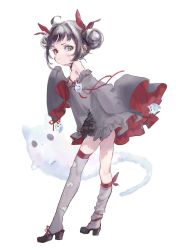 Rule 34 | 1girl, ahoge, asymmetrical legwear, bare shoulders, blue eyes, blush, cat, commission, detached sleeves, double bun, dress, full body, grey dress, grey hair, hair bun, heterochromia, high heels, highres, long hair, looking at viewer, looking back, nenena, original, pout, red dress, red eyes, red ribbon, ribbon, sidelocks, simple background, skeb commission, sleeveless, sleeveless dress, sleeves past fingers, sleeves past wrists, spirit, two-tone dress, uneven legwear, white background, wide sleeves