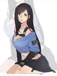 Rule 34 | 1girl, bare shoulders, black hair, black skirt, blue sweater, breasts, cleavage, collarbone, crop top, cropped legs, detached sleeves, earrings, final fantasy, final fantasy vii, final fantasy vii ever crisis, fingerless gloves, gloves, harness, highres, jewelry, large breasts, long hair, looking at viewer, off-shoulder sweater, off shoulder, official alternate costume, pudelmudel, red eyes, skirt, solo, square enix, strap, sweater, tifa lockhart, tifa lockhart (metalfoot)